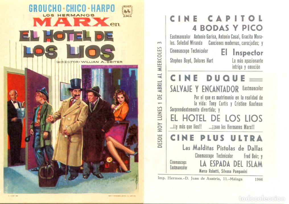 Cine: FOLLETO DE MANO ORIGINAL EL HOTEL DE LOS LIOS CINES CAPITOL - DUQUE - Y PLUS ULTRA 1966 M&Aacute;LAGA