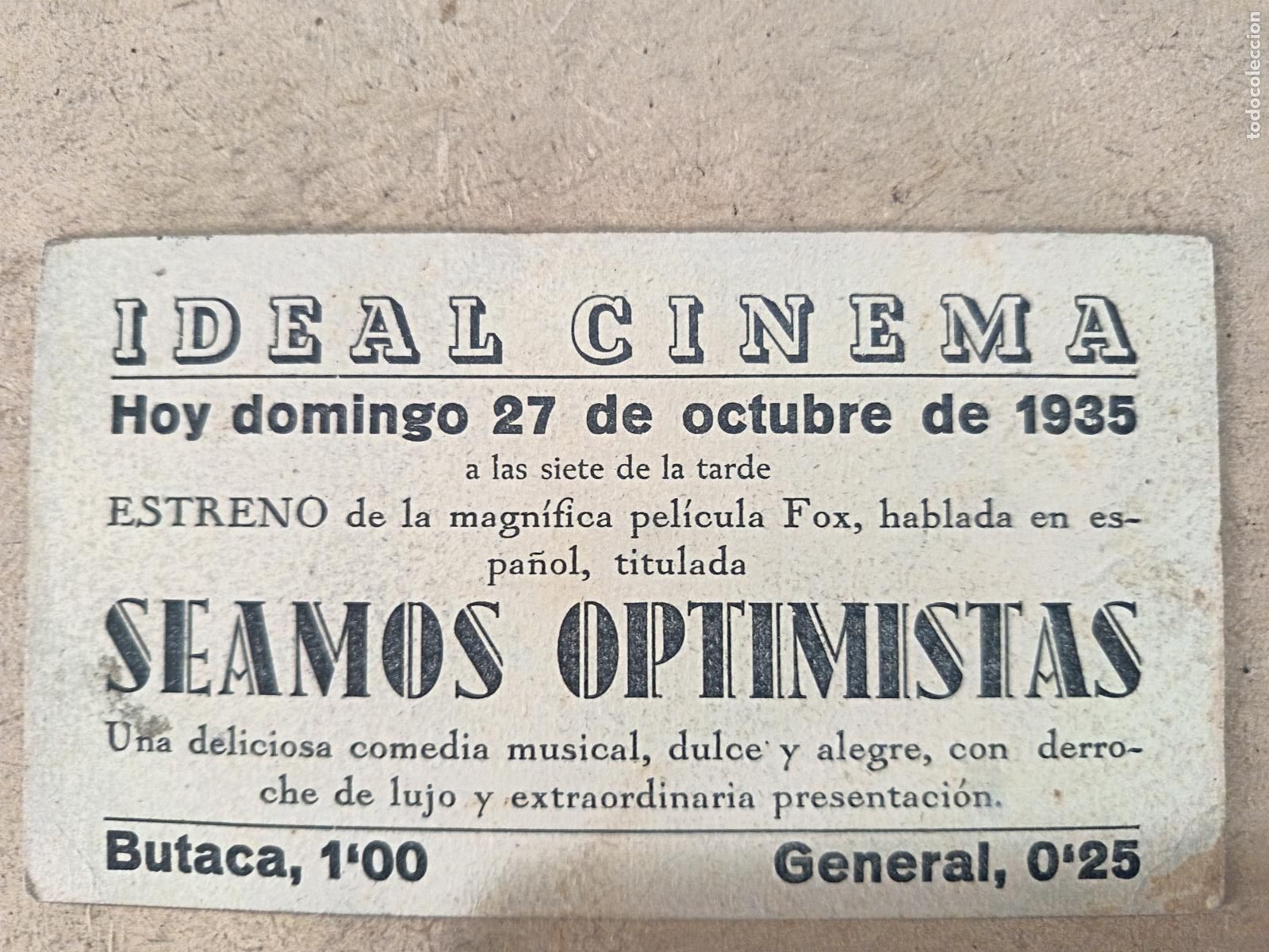 Cine: PROGRAMA DE CINE. TARJETA. SEAMOS OPTIMISTAS. CINE AL DORSO. - Foto 2