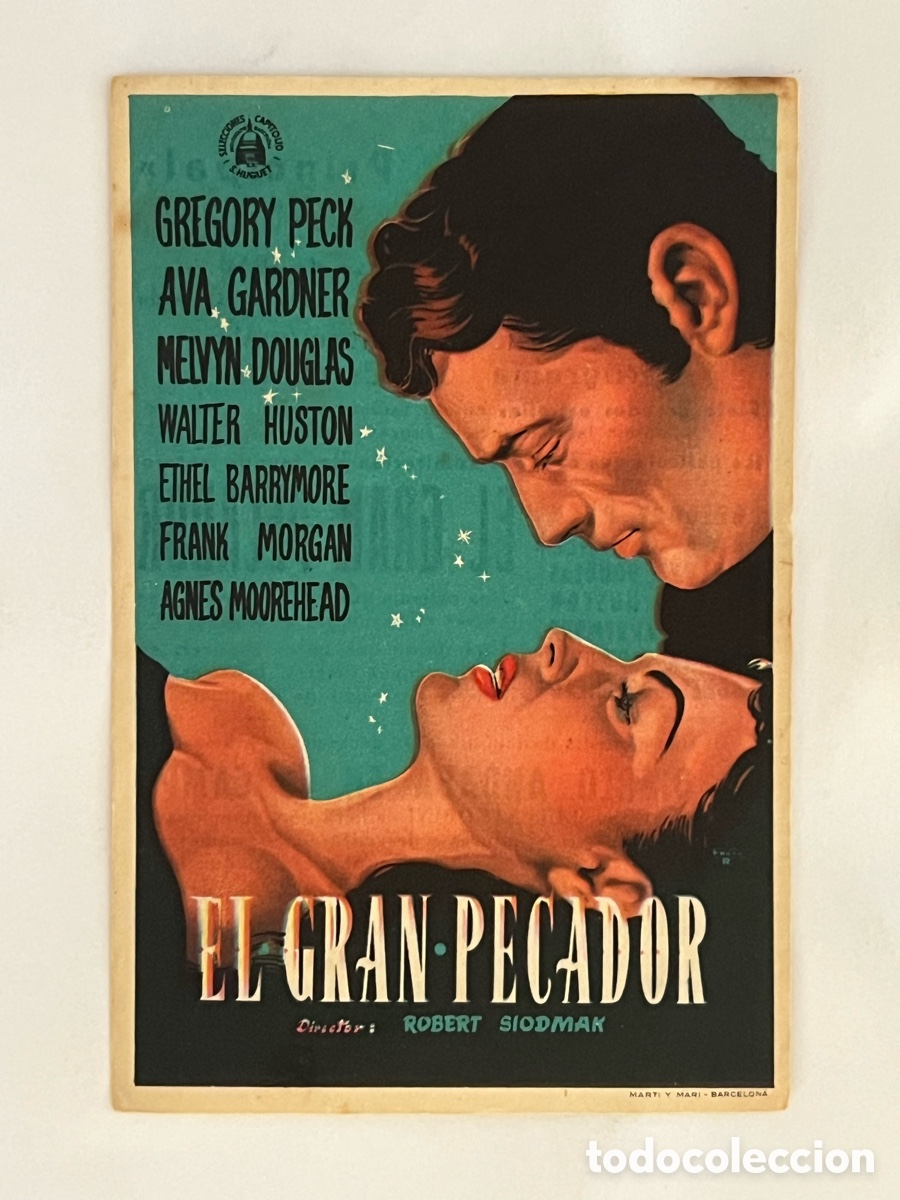 Cine: SOCIEDAD LA PRINCIPAL. Folleto, EL GRAN PECADOR, con GREGORY PECK, AVA GARDNER .. (a.1950)