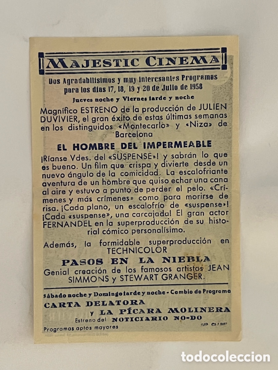 Cine: T&Aacute;RREGA. MAJESTIC CINEMA.. Programa EL HOMBRE DEL IMPERMEABLE (a.1958) - Foto 2