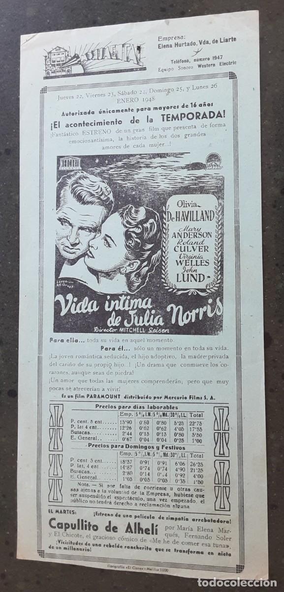 Cine: VIDA INTIMA DE JULIA NORRIS, OLIVIA DE HAVILLAND, MARY ANDERSON. Programa local.