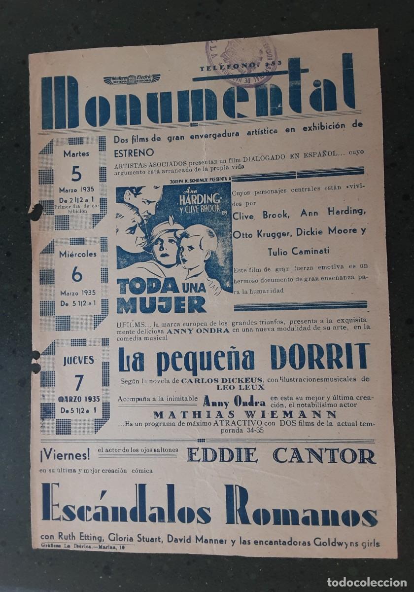 Cine: TODA UNA MUJER, LA PEQUE&Ntilde;&Ntilde;A DORRIT, ESC&Aacute;NDALOS ROMANOS. Programa local.