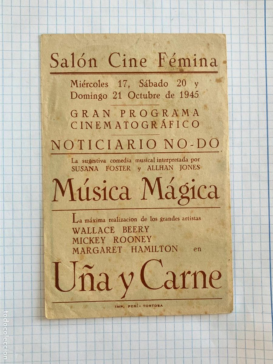 Cine: U&ntilde;a y carne - Programa de cine Tortosa C/P 1945 - Foto 2