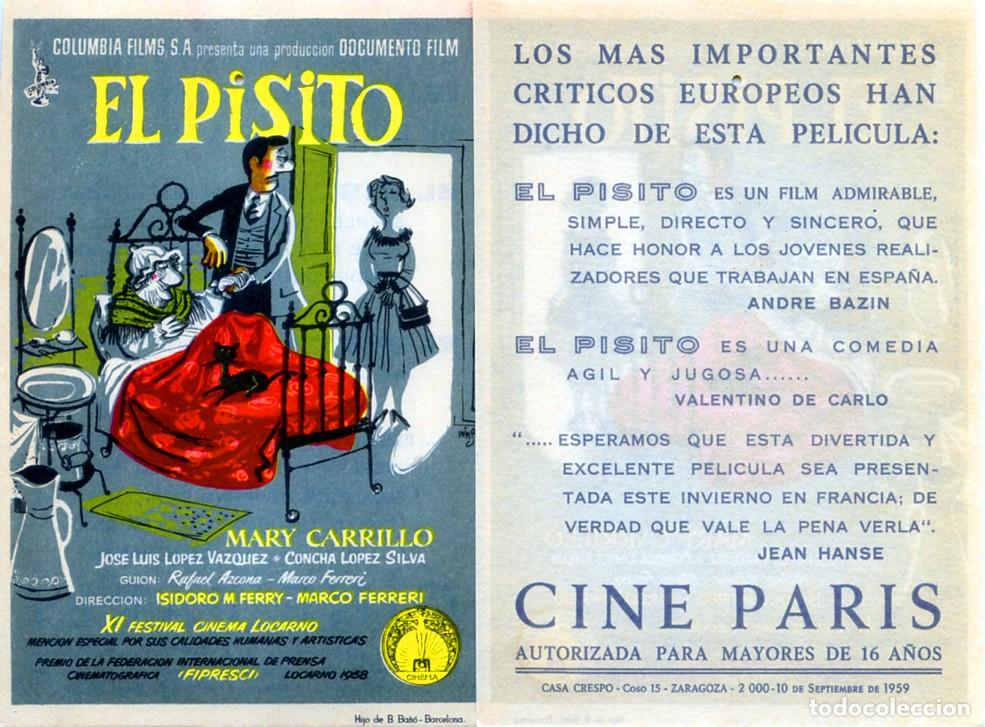 Cine: FOLLETO DE MANO ORIGINAL EL PISITO JOS&Eacute; LUIS L&Oacute;PEZ V&Aacute;ZQUEZ CINE PARIS 1959 ZARAGOZA