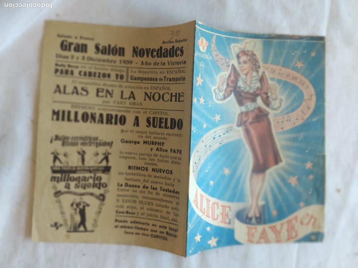 Cine: PROGRAMA DOBLE MILLONARIO A SUELDO. ALICE FAYE. CINE SALON NOVEDADES 1939.