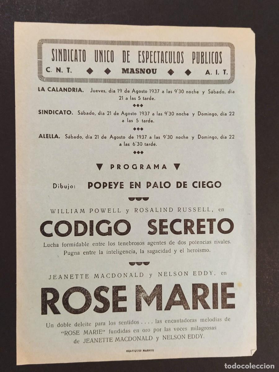 Cine: GUERRA CIVIL - MASNOU - CNT AIT - LA CALANDRIA A&Ntilde;O 1937 - PROGRAMA ANTIGUO DE CINE -VER FOTOS