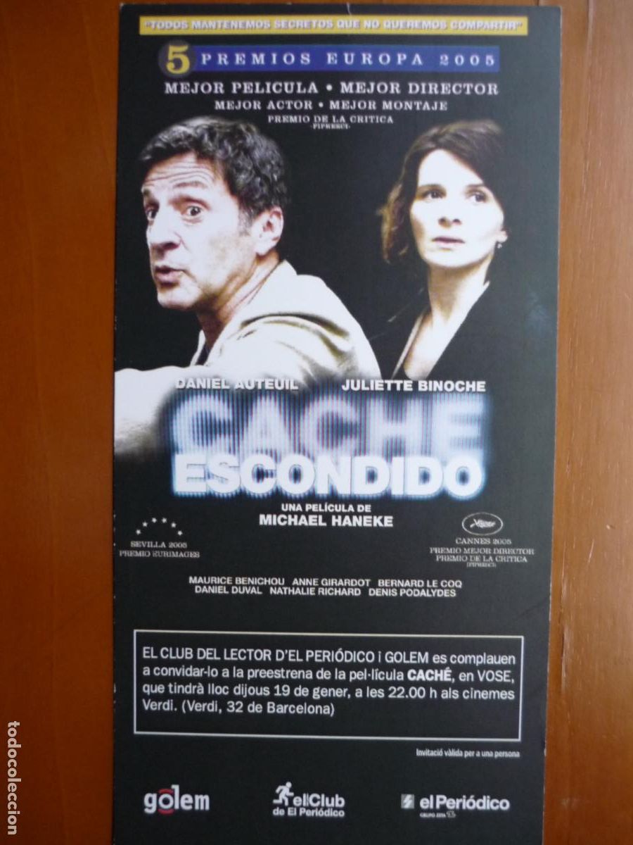Cine: CACHE ESCONDIDO - INVITACION FOLLETO MANO PREESTRENO - MICHAEL HANEKE JULIETTE BINOCHE