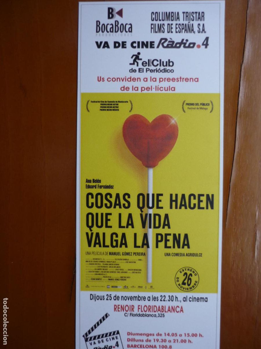 Cine: COSAS QUE HACEN QUE LA VIDA VALGA LA PENA - INVITACION FOLLETO MANO PREESTRENO - ANA BELEN
