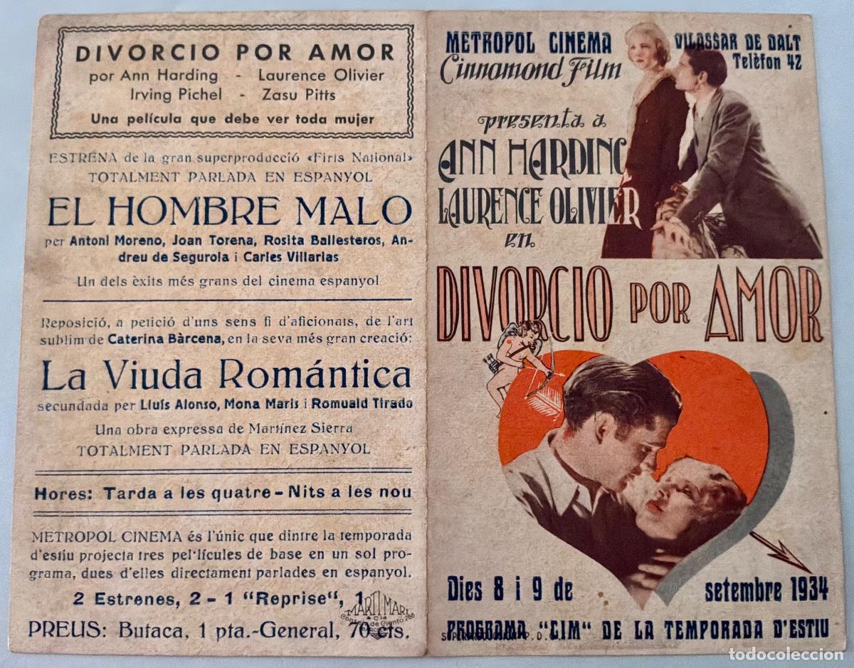 Cine: PROGRAMA CINE DOBLE DIVORCIO POR AMOR, LAURENCE OLIVIER,ANN HARDING, CON PUBLICIDAD, A&Ntilde;OS 30&acute;S