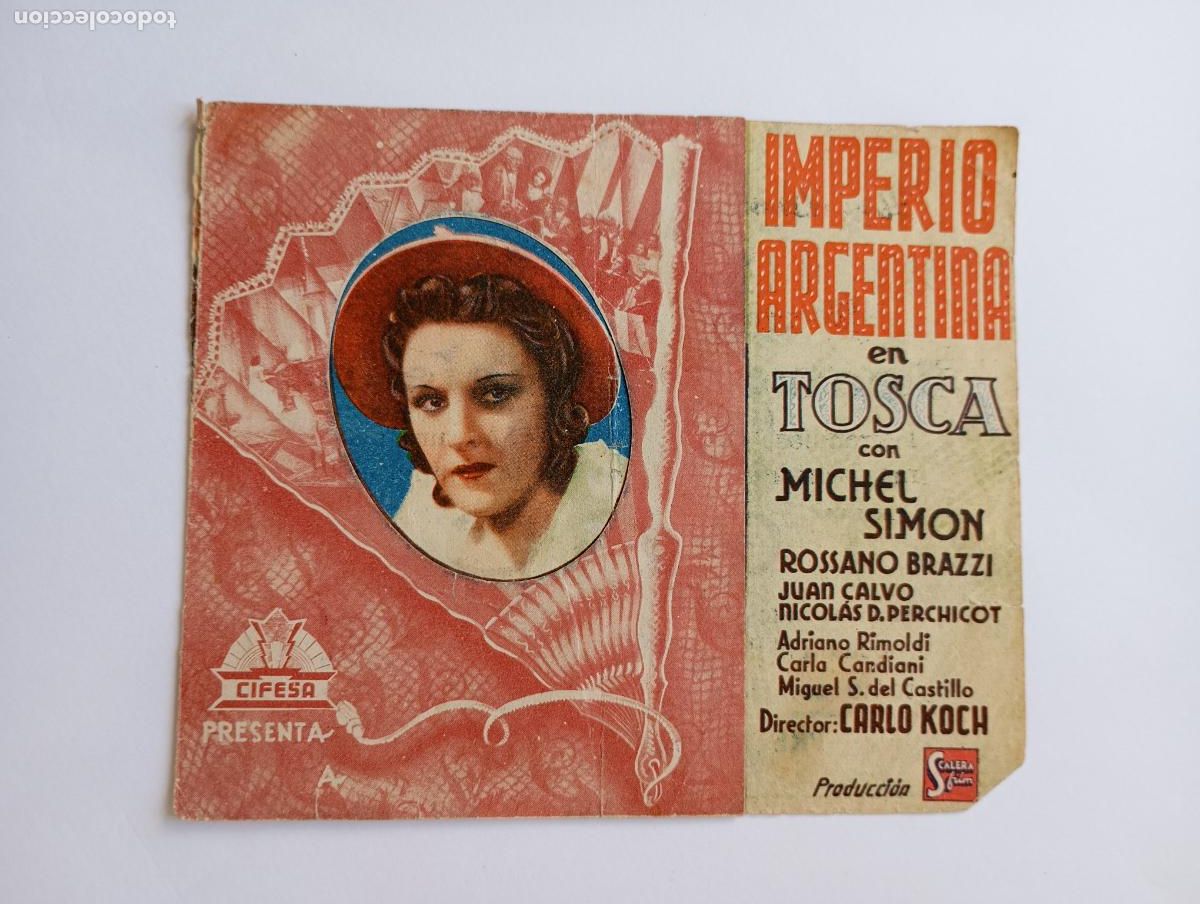 Cine: PROGRAMA FOLLETO DE CINE TOSCA. IMPERIO ARGENTINA. TEATRO CALCEATENSE 1944. TDKP30C