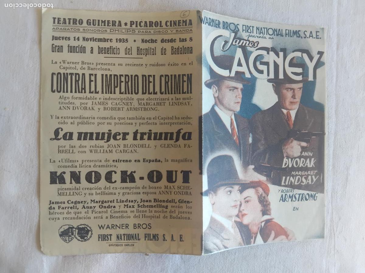 Cine: PROGRAMA DE CINE DOBLE CONTRA EL IMPERIO DEL CRIMEN. JAMES CAGNEY.TEATRO GUIMERA PICAROL CINEMA 1935