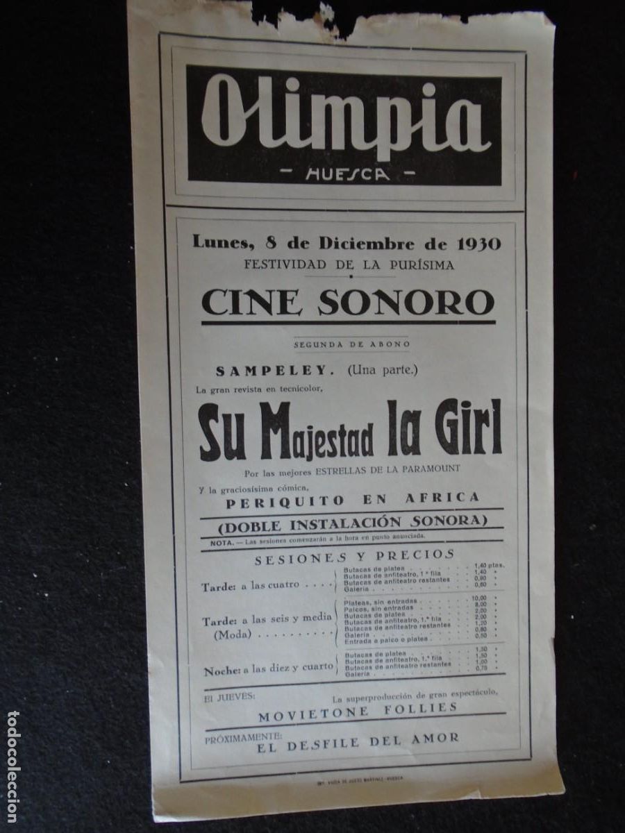 Cine: (OH-036)PROGRAMA SU MAJESTAD LA GIRL A&Ntilde;O 1930- TEATRO OLIMPIA (HUESCA)