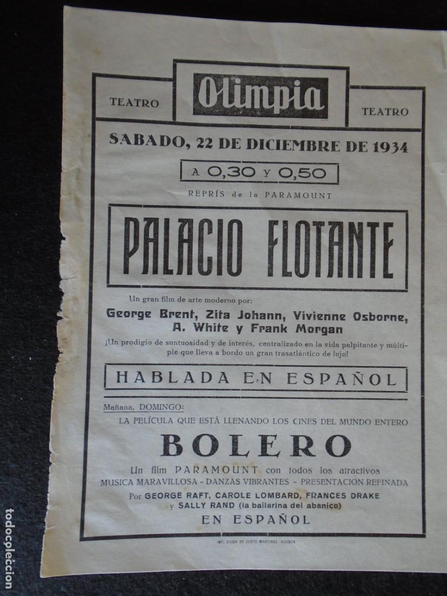 Cine: (OH-037)PROGRAMA PALACIO FLOTANTE A&Ntilde;O 1934- TEATRO OLIMPIA (HUESCA)