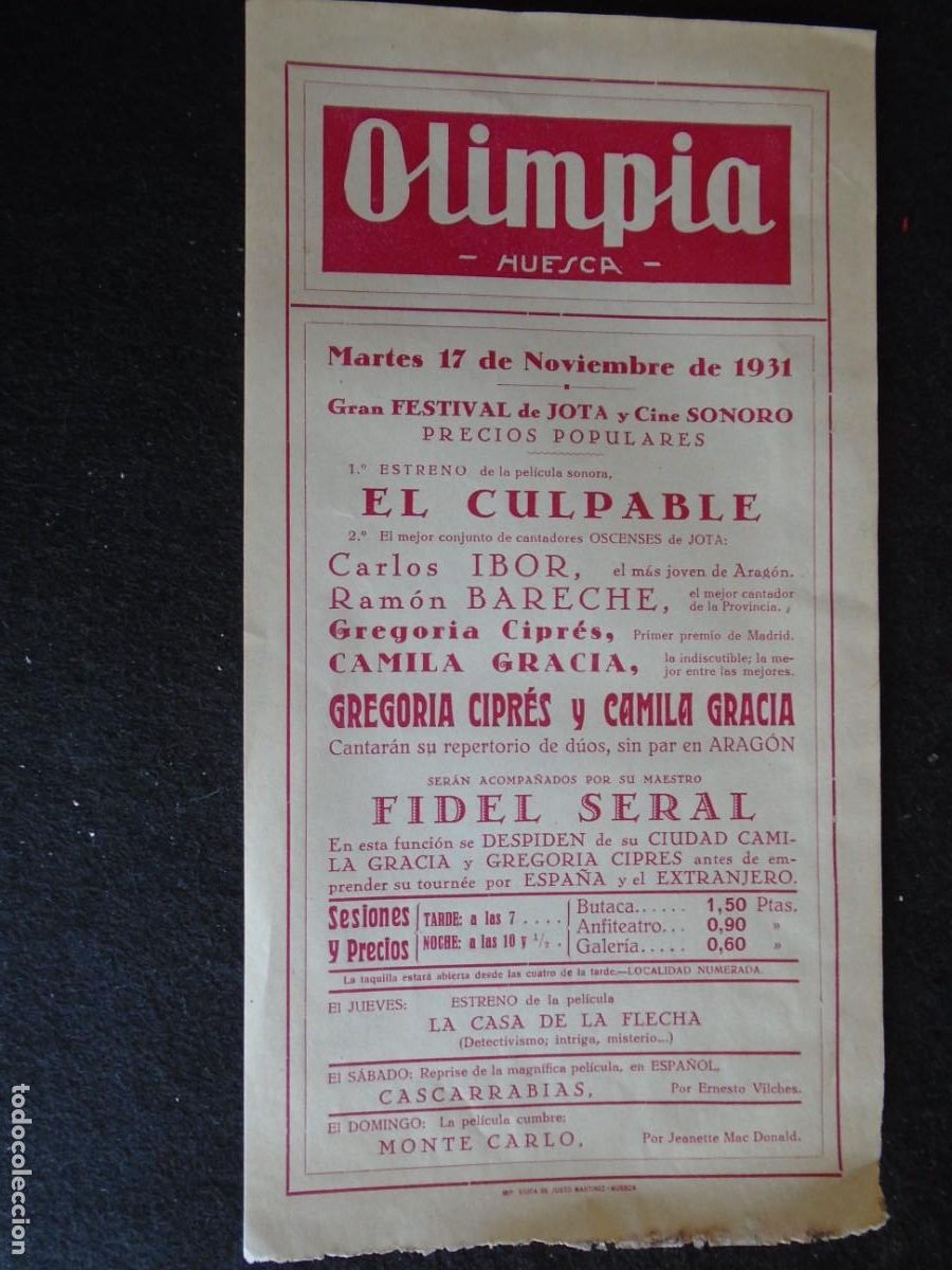Cine: (OH-038)PROGRAMA EL CULPABLE A&Ntilde;O 1931- TEATRO OLIMPIA (HUESCA)