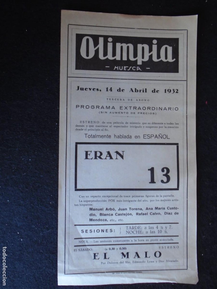 Cine: (OH-039)PROGRAMA ERAN 13 A&Ntilde;O 1932- TEATRO OLIMPIA (HUESCA)
