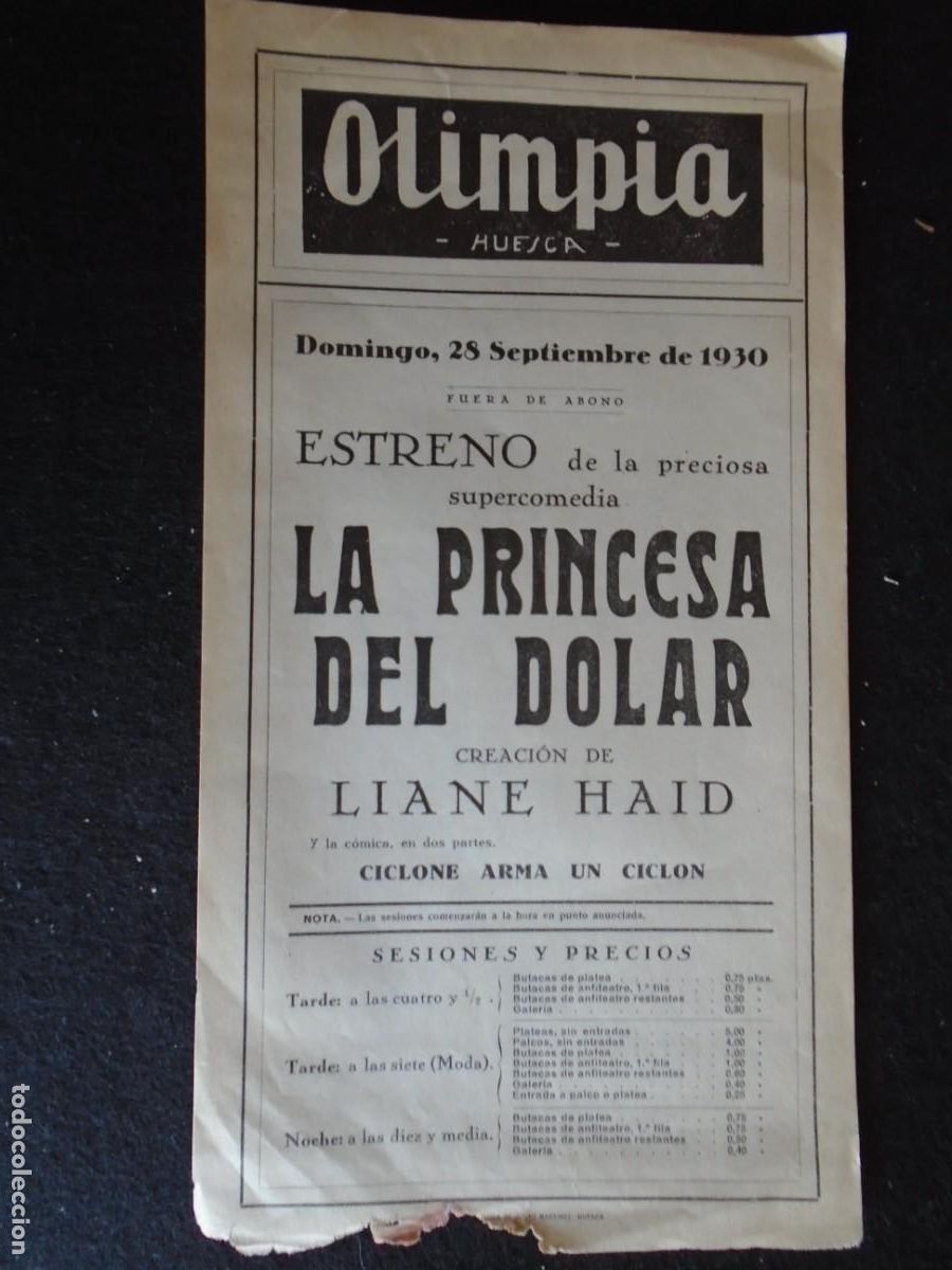 Cine: (OH-039)PROGRAMA LA PRINCESA DEL DOLAR A&Ntilde;O 1930- TEATRO OLIMPIA (HUESCA)
