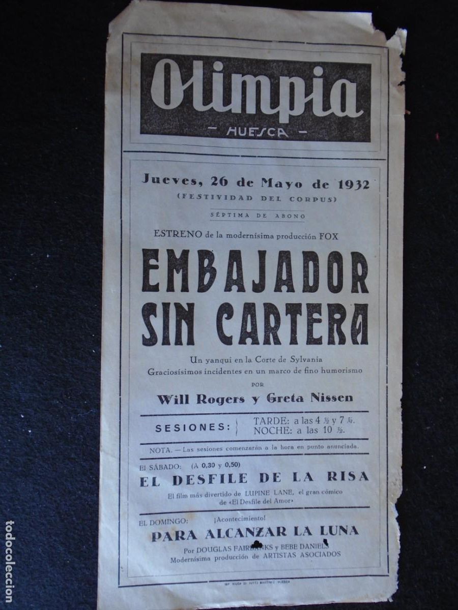 Cine: (OH-40)PROGRAMA EMBAJADOR SIN CARTERA A&Ntilde;O 1932- TEATRO OLIMPIA (HUESCA)