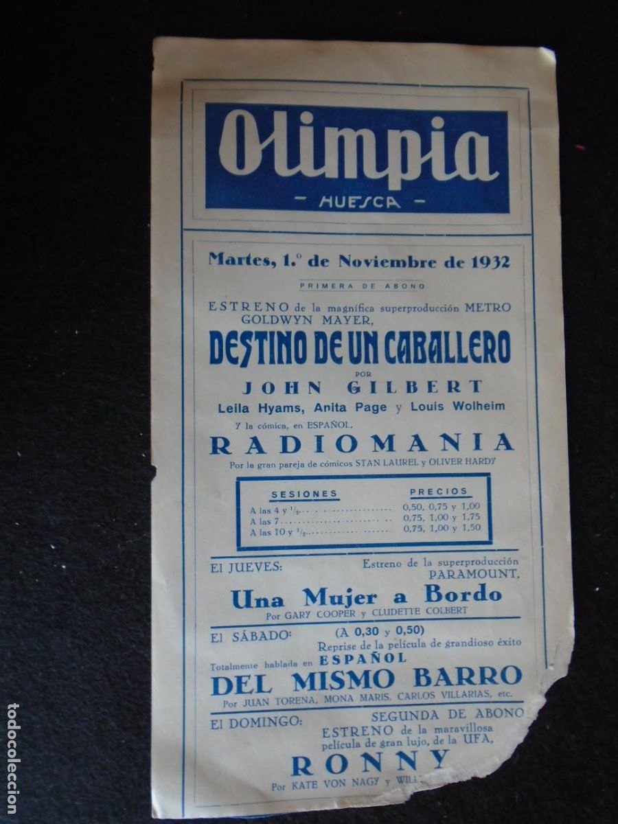 Cine: (OH-41)PROGRAMA DESTINO DE UN CABALLERO A&Ntilde;O 1932- TEATRO OLIMPIA (HUESCA)