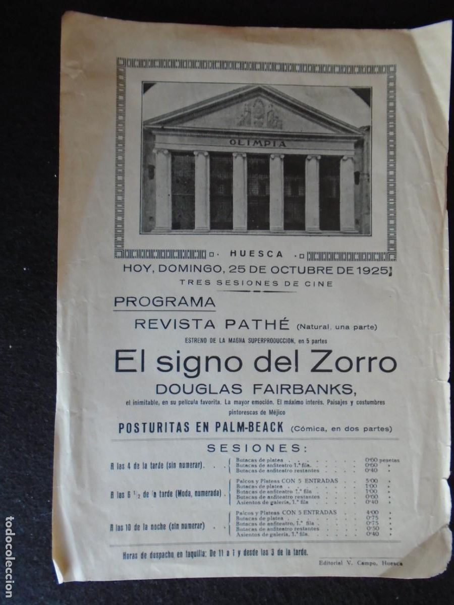 Cine: (OH-42)PROGRAMA EL SIGNO DEL ZORRO A&Ntilde;O 1925- TEATRO OLIMPIA (HUESCA)