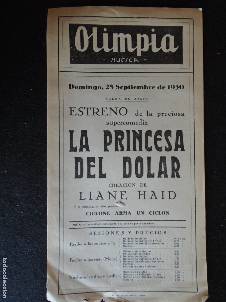 Cine: (OH-43)PROGRAMA LA PRINCESA DEL DOLAR A&Ntilde;O 1930- TEATRO OLIMPIA (HUESCA)