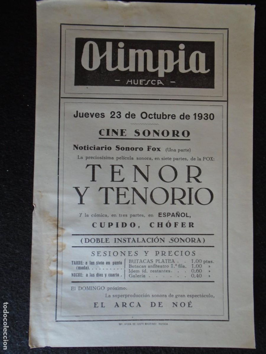 Cine: (OH-45)PROGRAMA TENOR Y TENORIO A&Ntilde;O 1930- TEATRO OLIMPIA (HUESCA)