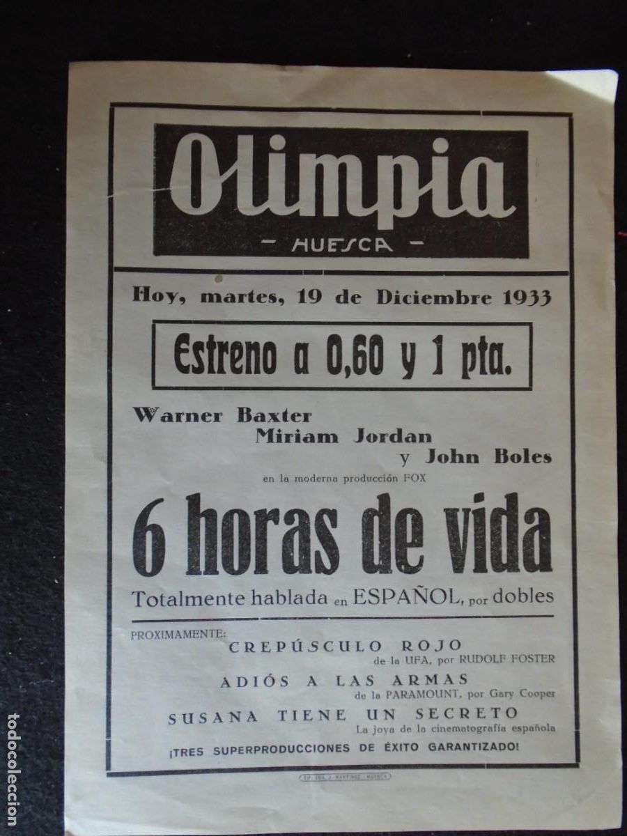 Cine: (OH-47)PROGRAMA 6 HORAS DE VIDA A&Ntilde;O 1933- TEATRO OLIMPIA (HUESCA)