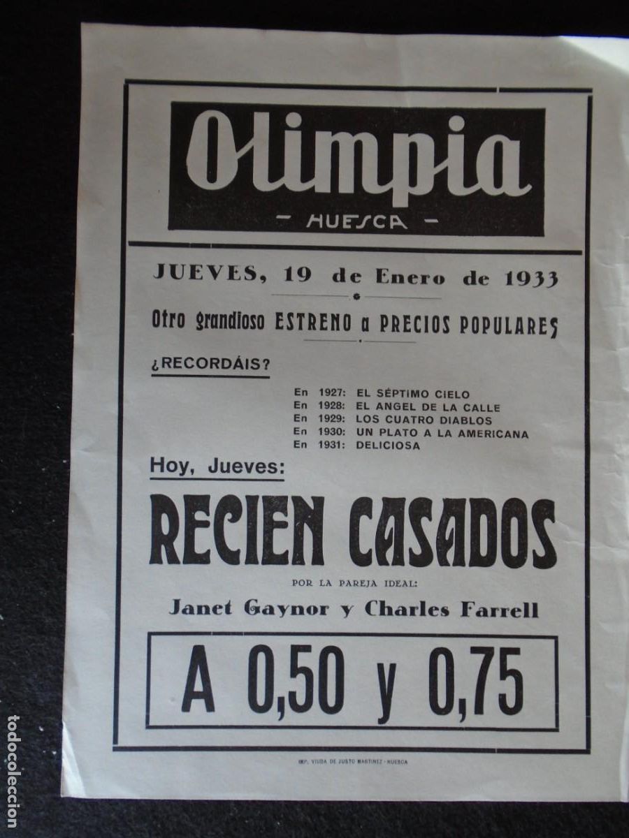 Cine: (OH-48)PROGRAMA RECIEN CASADOS A&Ntilde;O 1933 - TEATRO OLIMPIA (HUESCA)