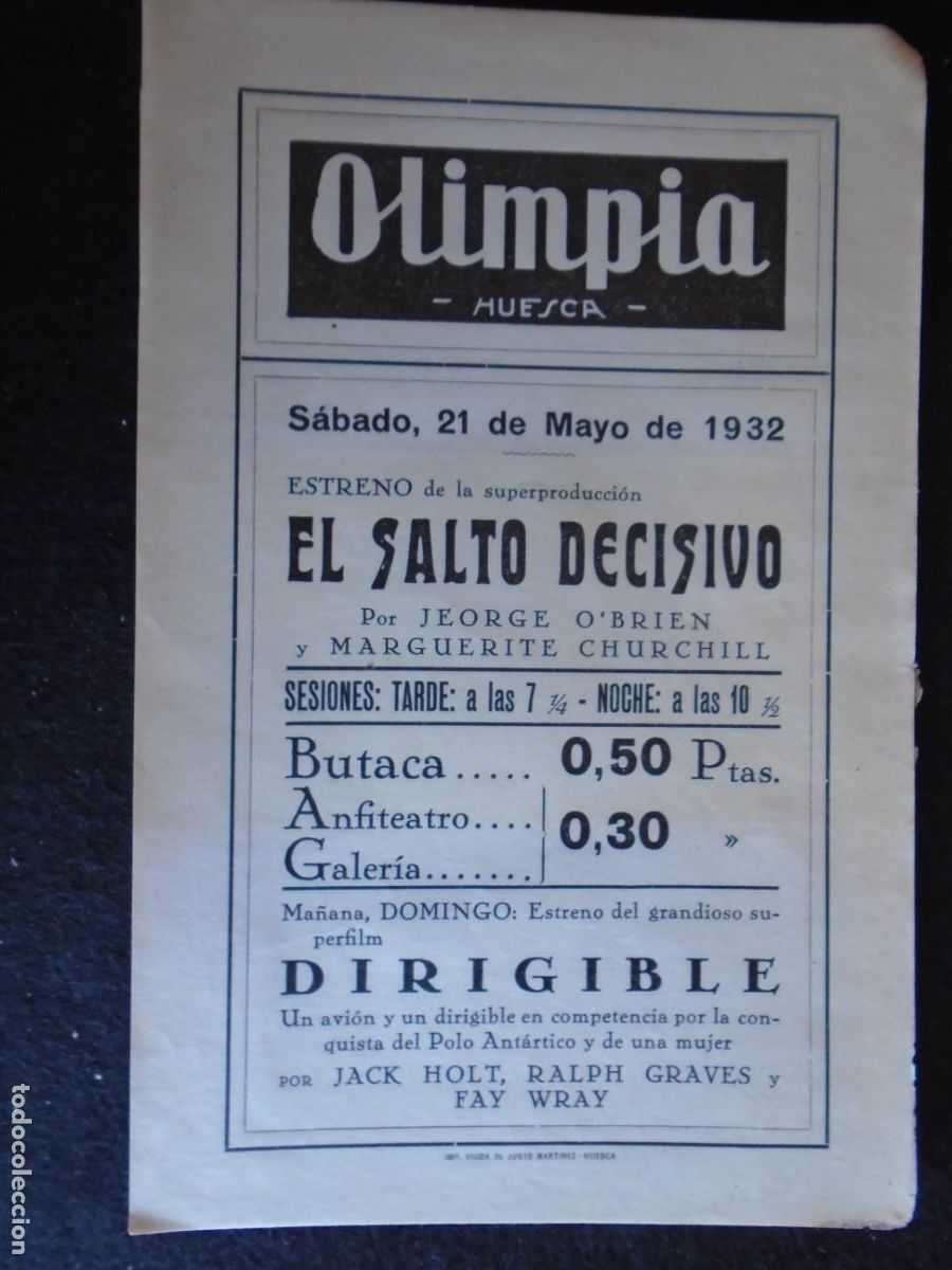 Cine: (OH-50)PROGRAMA EL SALTO DECISIVO A&Ntilde;O 1932 - TEATRO OLIMPIA (HUESCA)