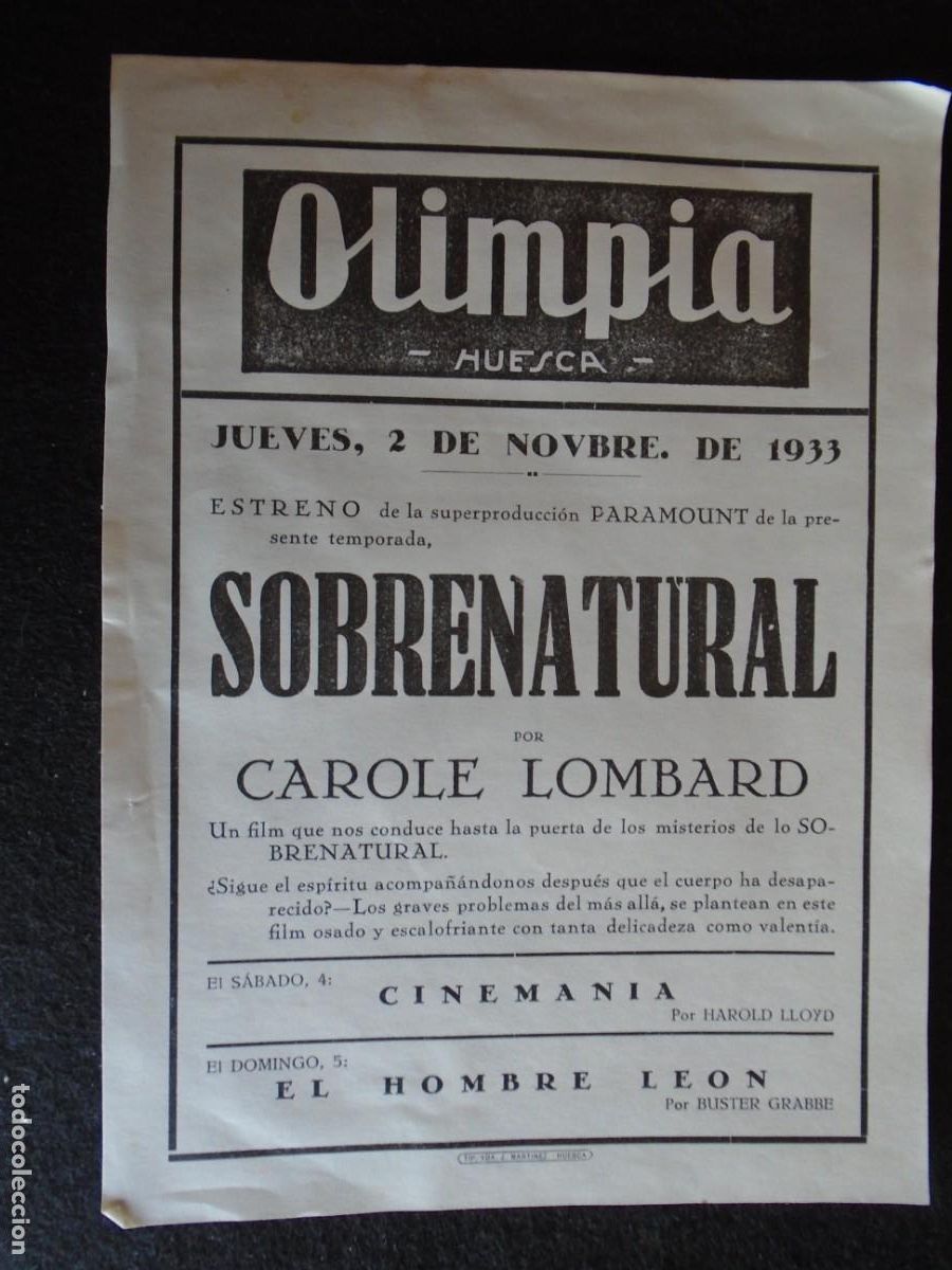 Cine: (OH-51)PROGRAMA SOBRENATURAL A&Ntilde;O 1933 - TEATRO OLIMPIA (HUESCA)