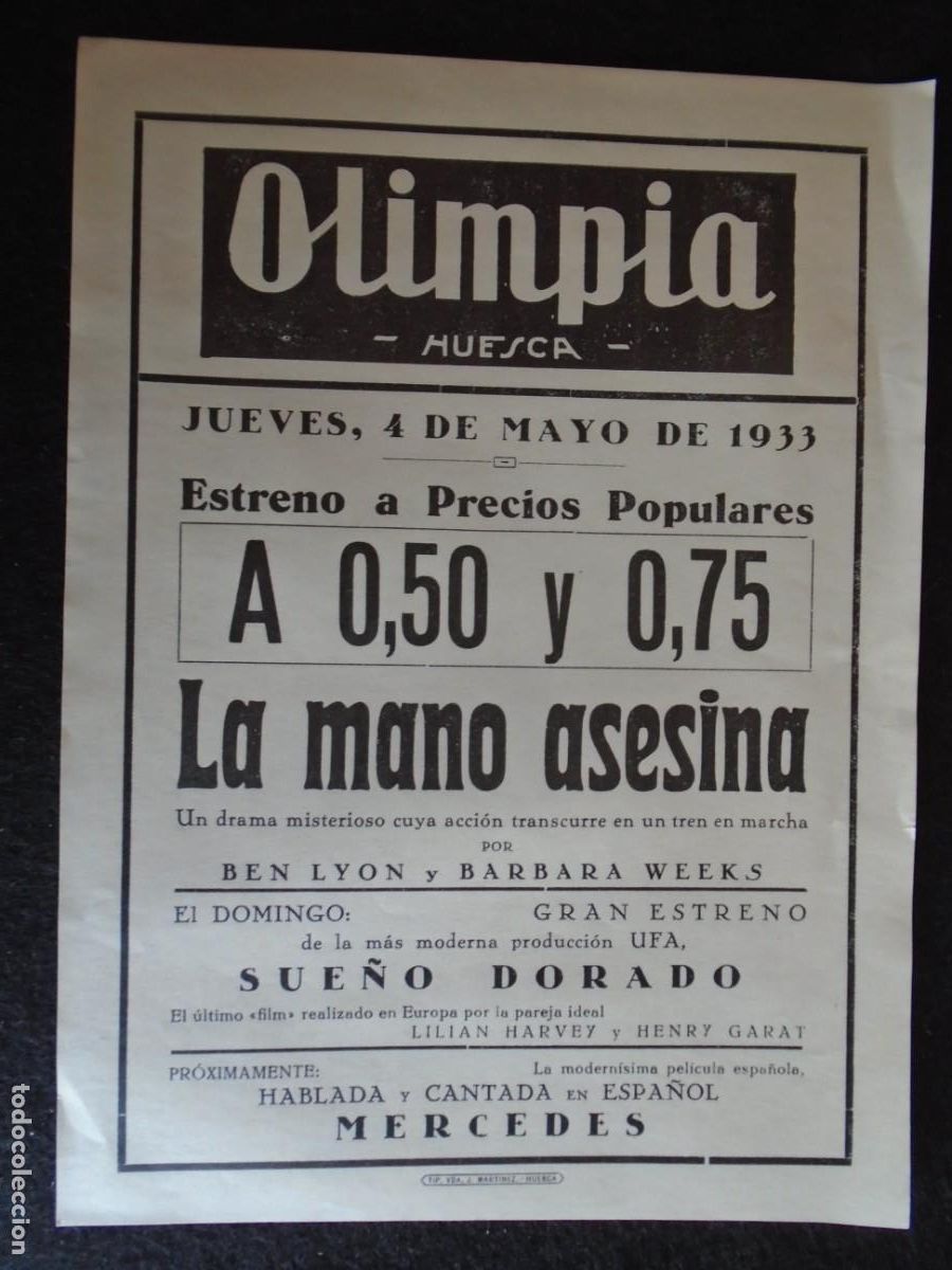 Cine: (OH-52)PROGRAMA LA MANO ASESINA A&Ntilde;O 1933 - TEATRO OLIMPIA (HUESCA)