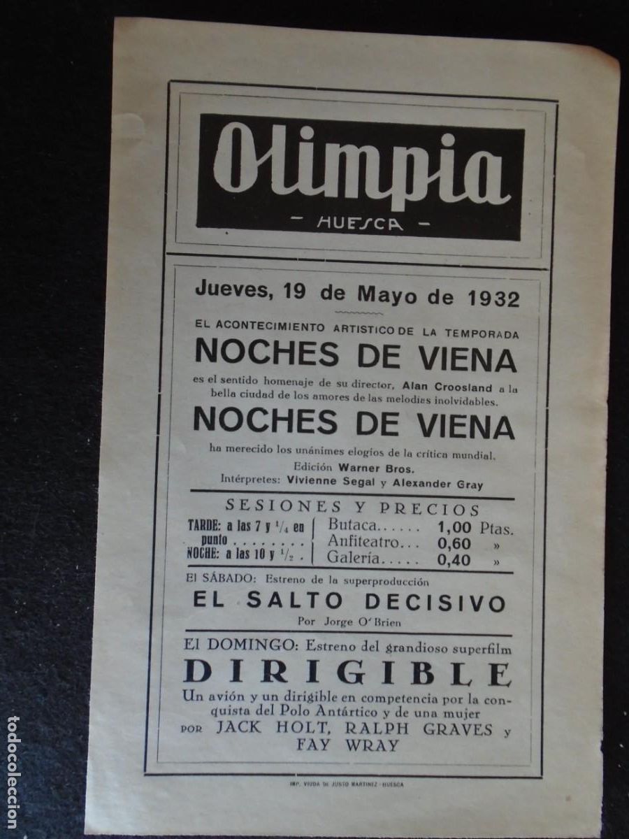 Cine: (OH-53)PROGRAMA NOCHES DE VIENA A&Ntilde;O 1932 - TEATRO OLIMPIA (HUESCA)
