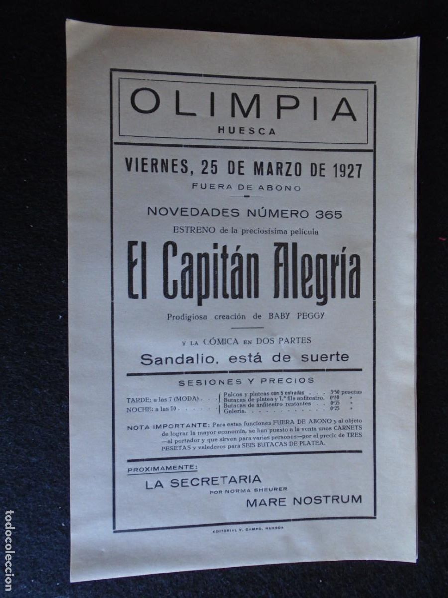 Cine: (OH-54)PROGRAMA EL CAPITAN ALEGRIA A&Ntilde;O 1927 - TEATRO OLIMPIA (HUESCA)