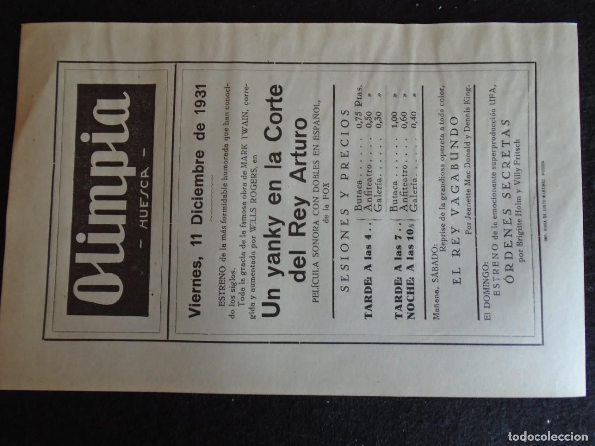 Cine: (OH-56)PROGRAMA UN YANKY EN LA CORTE DEL REY ARTURO A&Ntilde;O 1931 - TEATRO OLIMPIA (HUESCA)