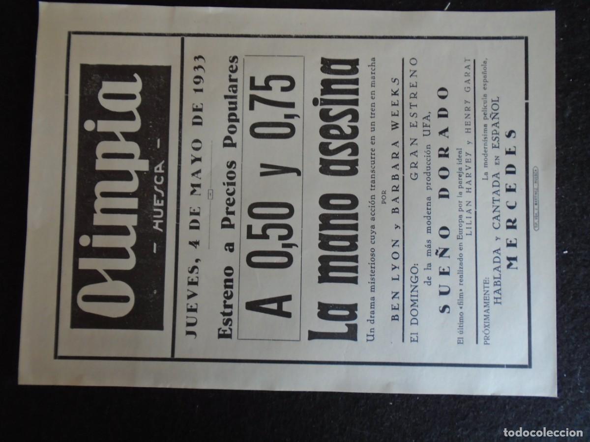Cine: (OH-58)PROGRAMA LA MANO ASESINA A&Ntilde;O 1933 - TEATRO OLIMPIA (HUESCA)