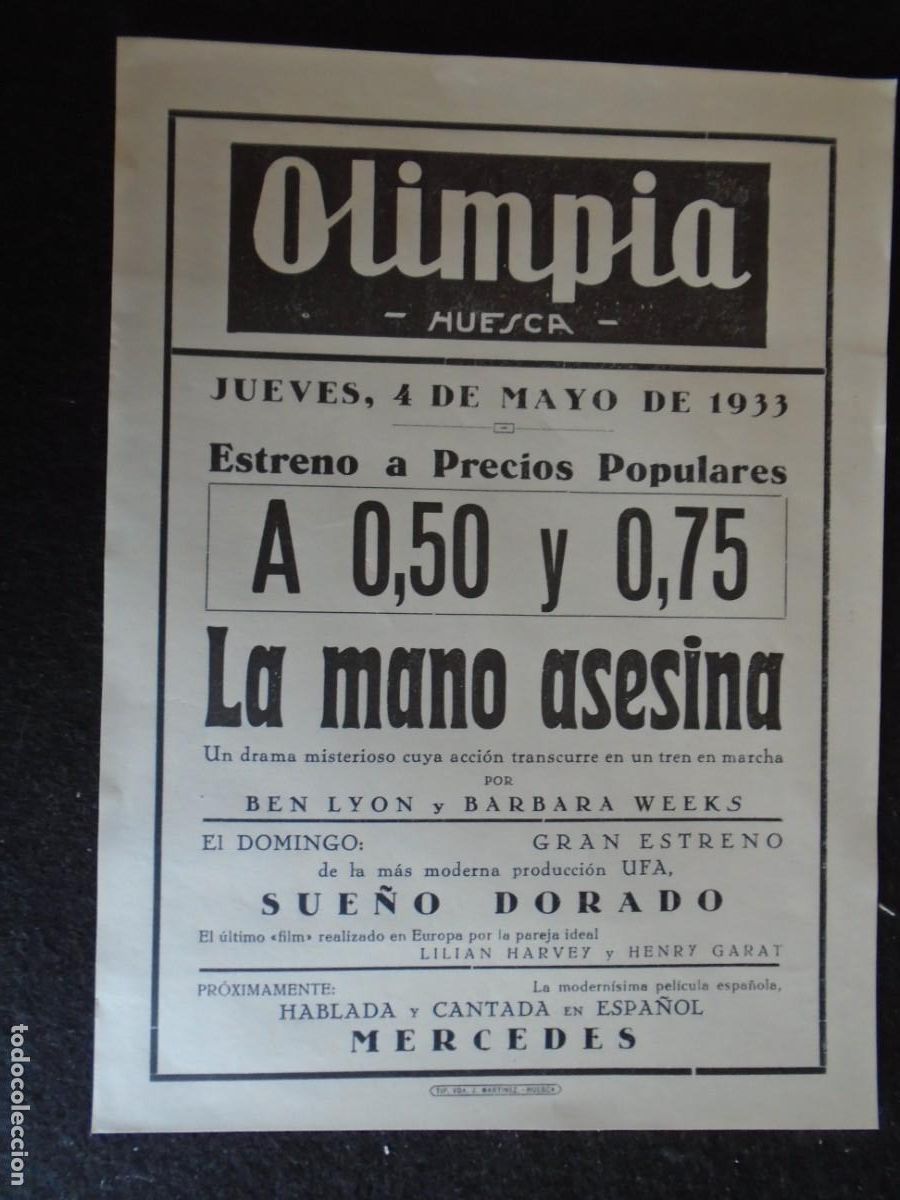Cine: (OH-58)PROGRAMA LA MANO ASESINA A&Ntilde;O 1933 - TEATRO OLIMPIA (HUESCA)