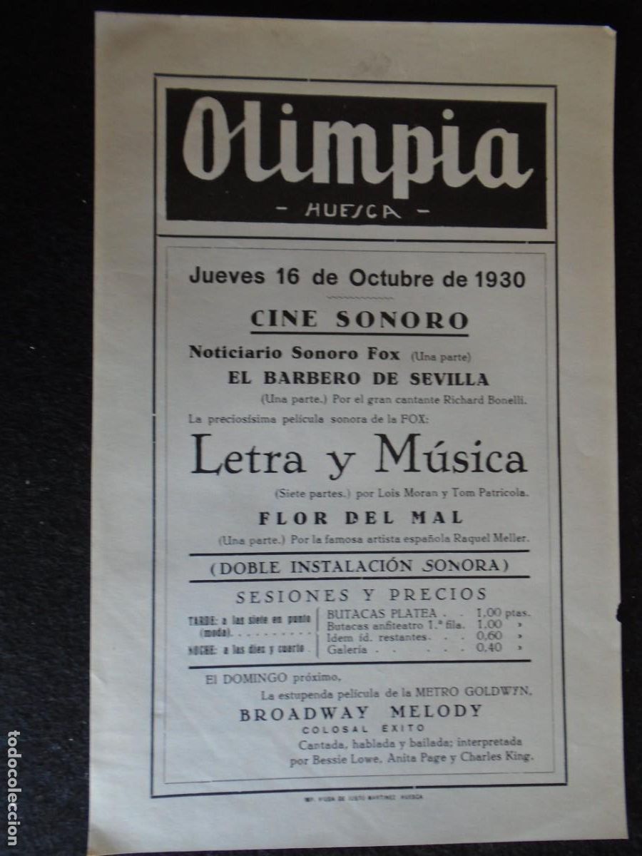 Cine: (OH-59)PROGRAMA LETRA Y MUSICA A&Ntilde;O 1930 - TEATRO OLIMPIA (HUESCA)