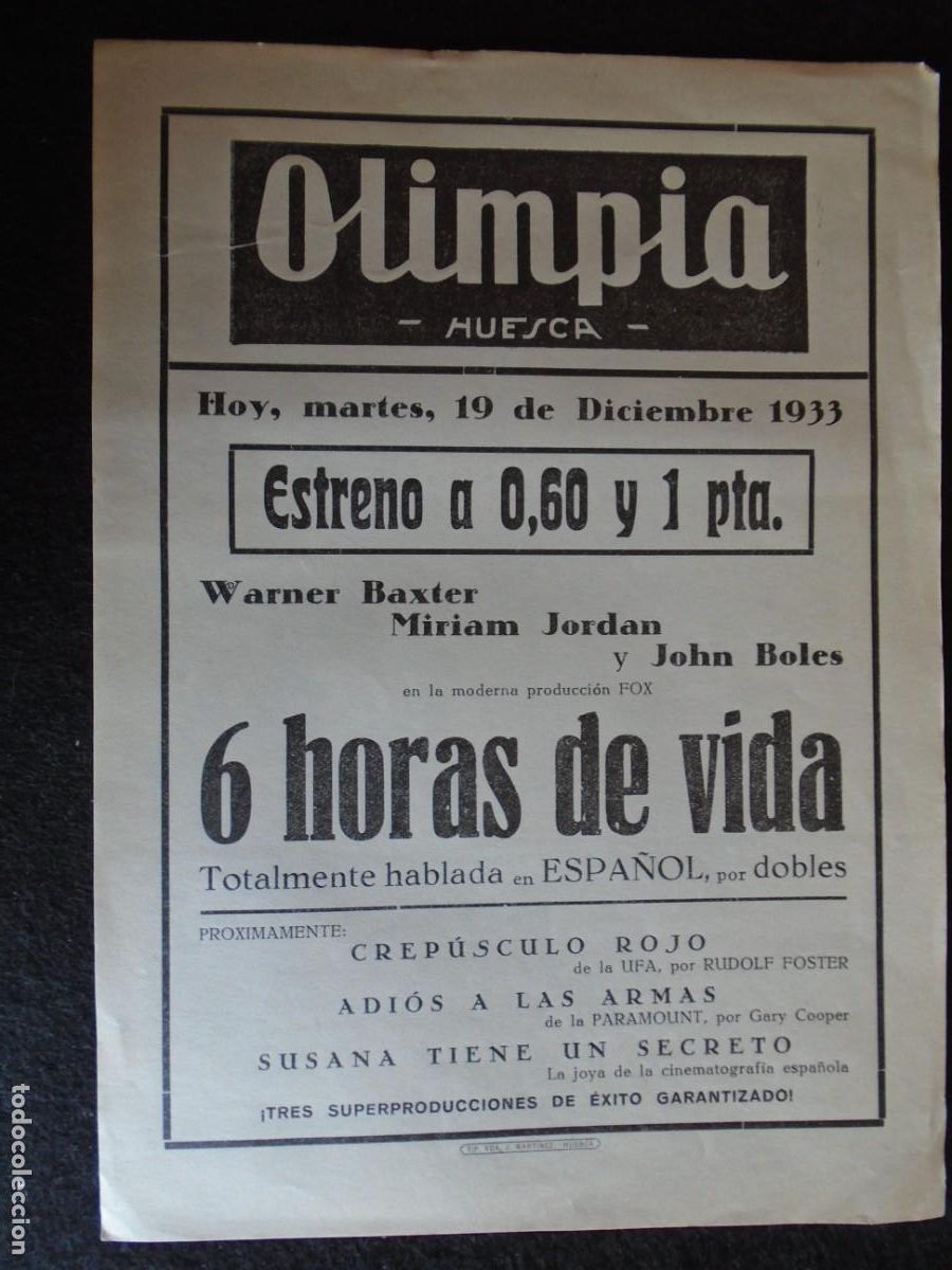 Cine: (OH-60)PROGRAMA 6 HORAS DE VIDA A&Ntilde;O 1933 - TEATRO OLIMPIA (HUESCA)