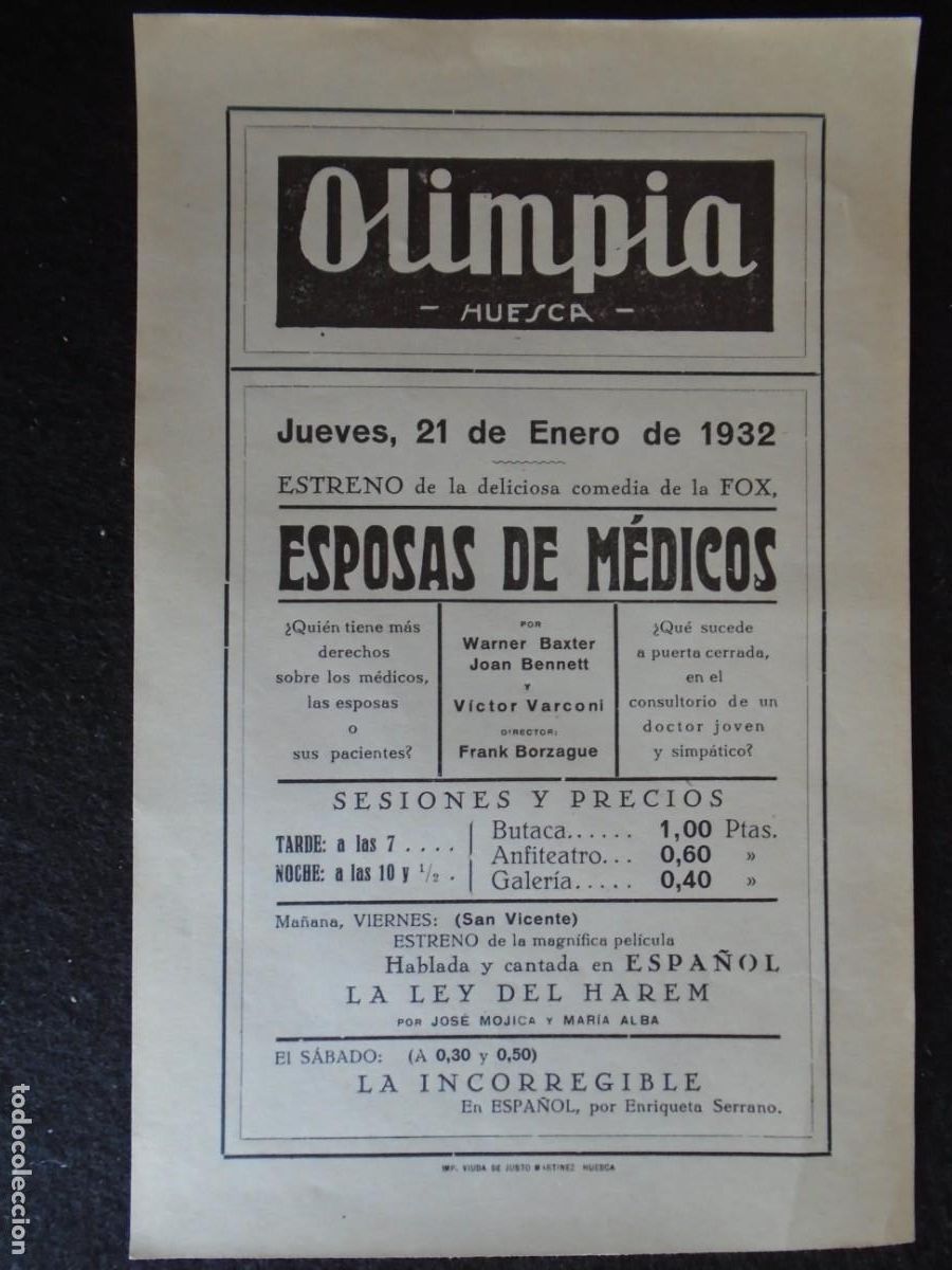 Cine: (OH-62)PROGRAMA ESPOSAS DE MEDICOS A&Ntilde;O 1932 - TEATRO OLIMPIA (HUESCA)