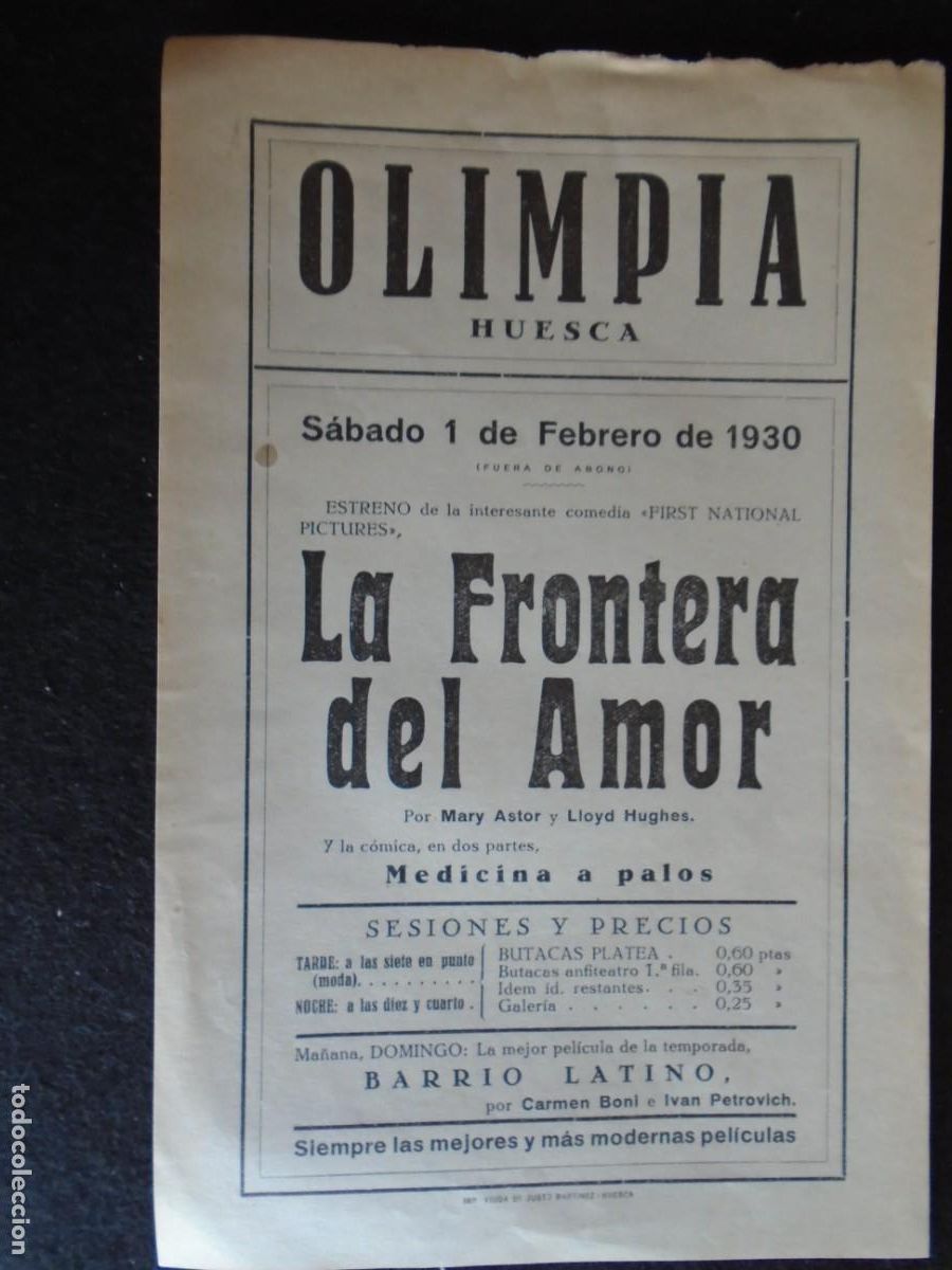 Cine: (OH-63)PROGRAMA LA FRONTERA DEL AMOR A&Ntilde;O 1930 - TEATRO OLIMPIA (HUESCA)