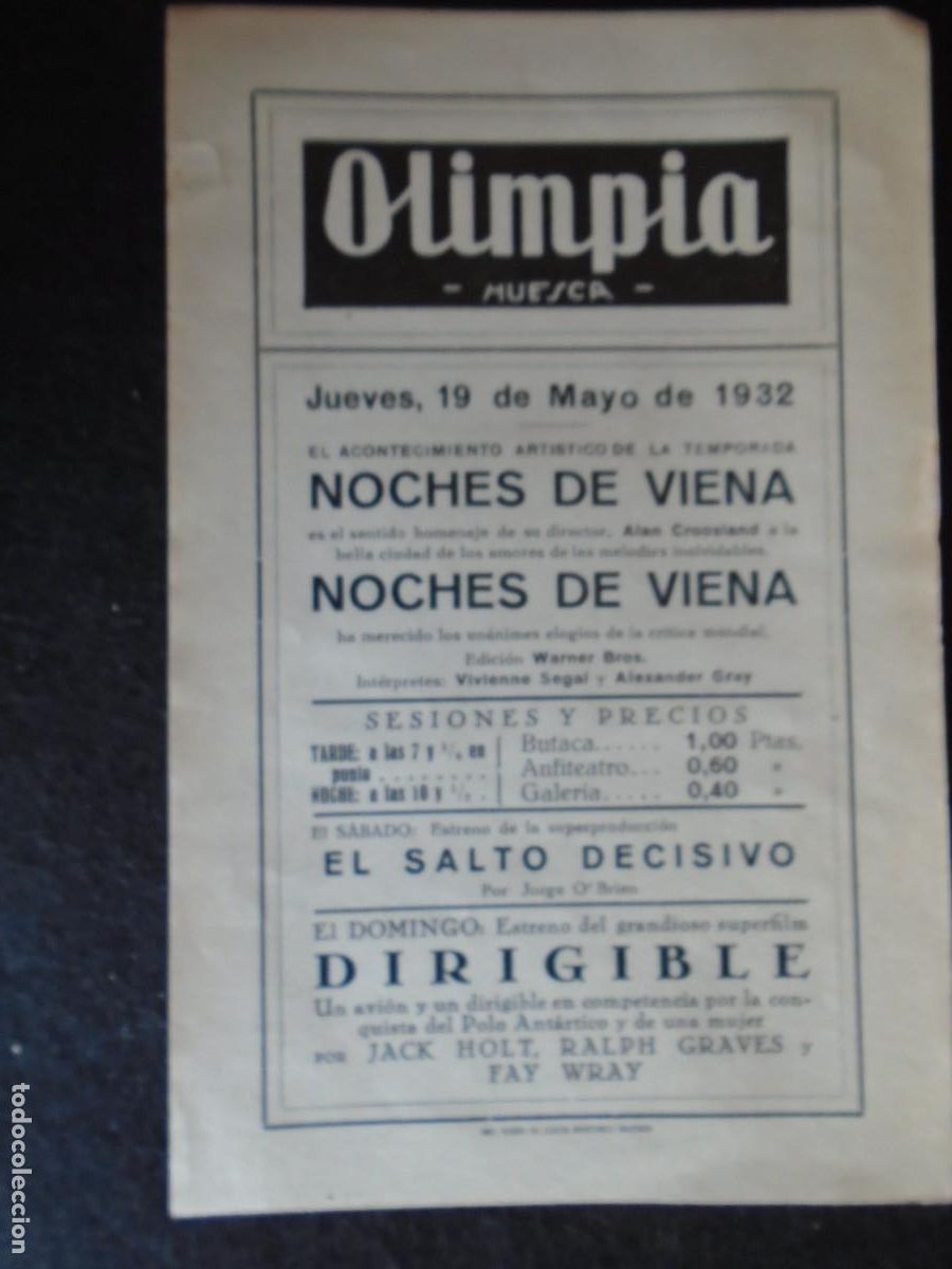 Cine: (OH-64)PROGRAMA NOCHES DE VIENA A&Ntilde;O 1932 - TEATRO OLIMPIA (HUESCA)