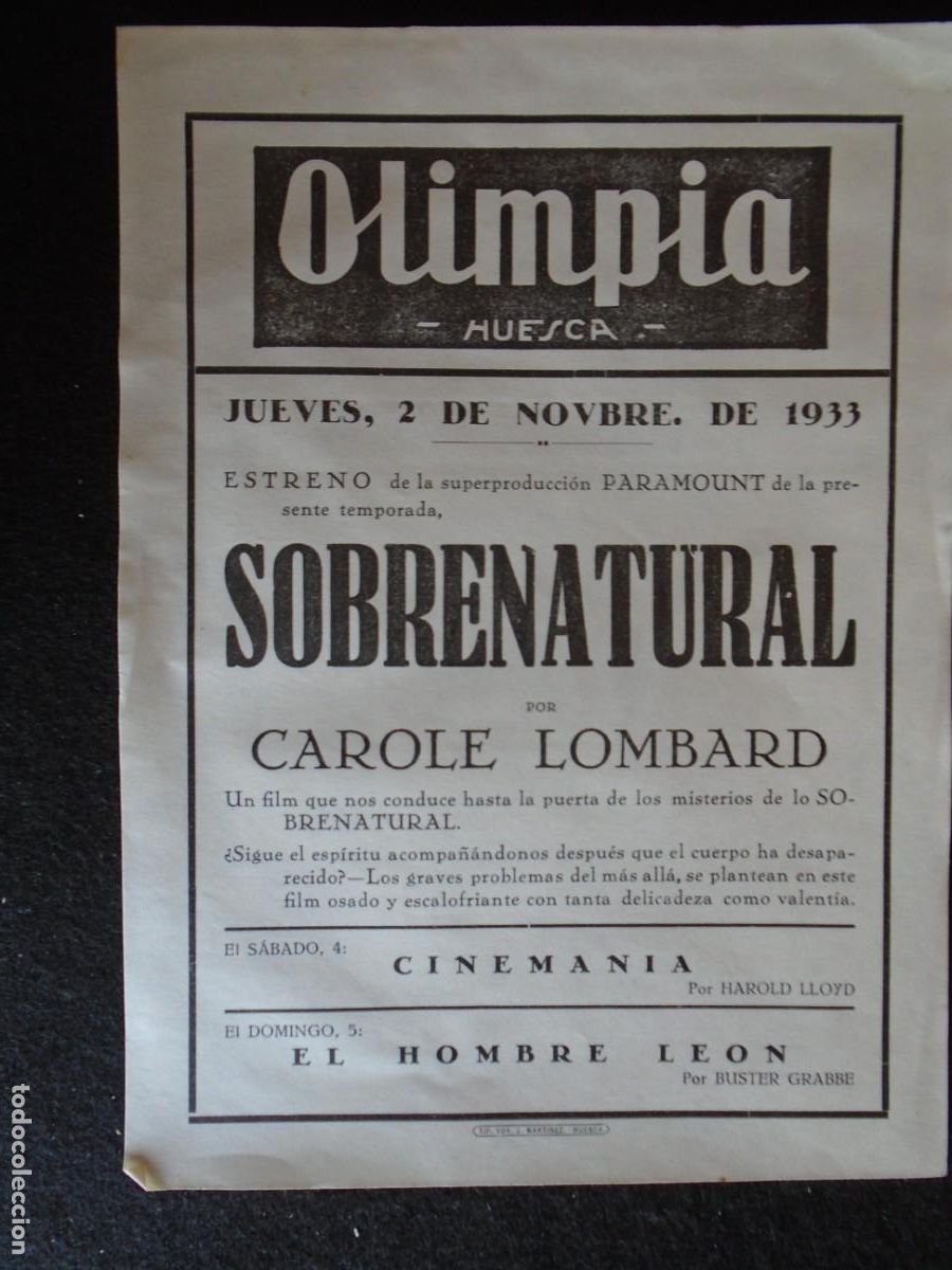 Cine: (OH-65)PROGRAMA SOBRENATURAL A&Ntilde;O 1933 - TEATRO OLIMPIA (HUESCA)