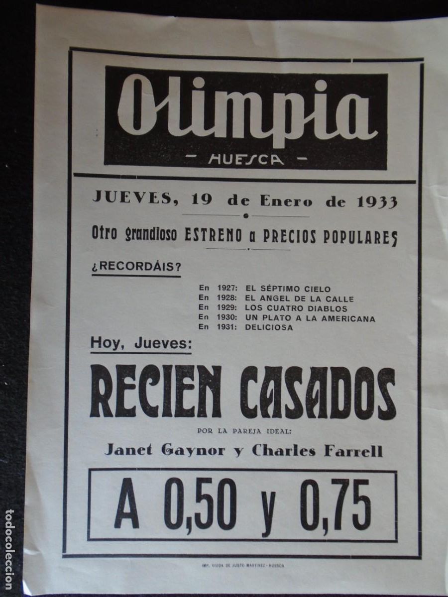 Cine: (OH-66)PROGRAMA RECIEN CASADOS A&Ntilde;O 1933 - TEATRO OLIMPIA (HUESCA)