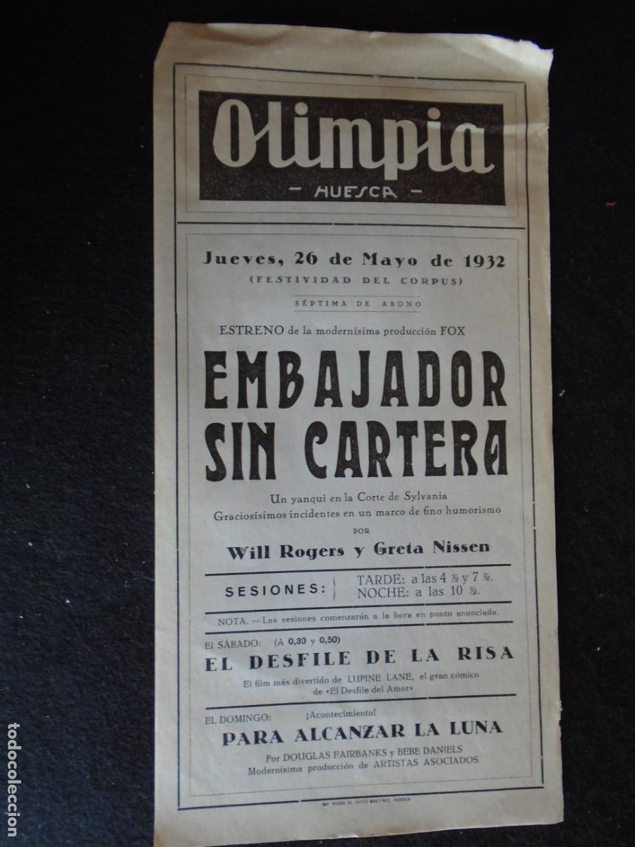 Cine: (OH-67)PROGRAMA EMBAJADOR SIN CARTERA A&Ntilde;O 1932 - TEATRO OLIMPIA (HUESCA)