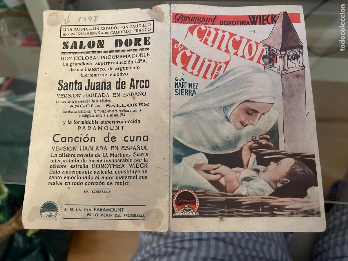 Folhetos de m&atilde;o de filmes antigos de cinema: 1498 CANCION DE CUNA SALON DORE ZARAGOZA BUEN ESTADO CON PUBLICIDAD