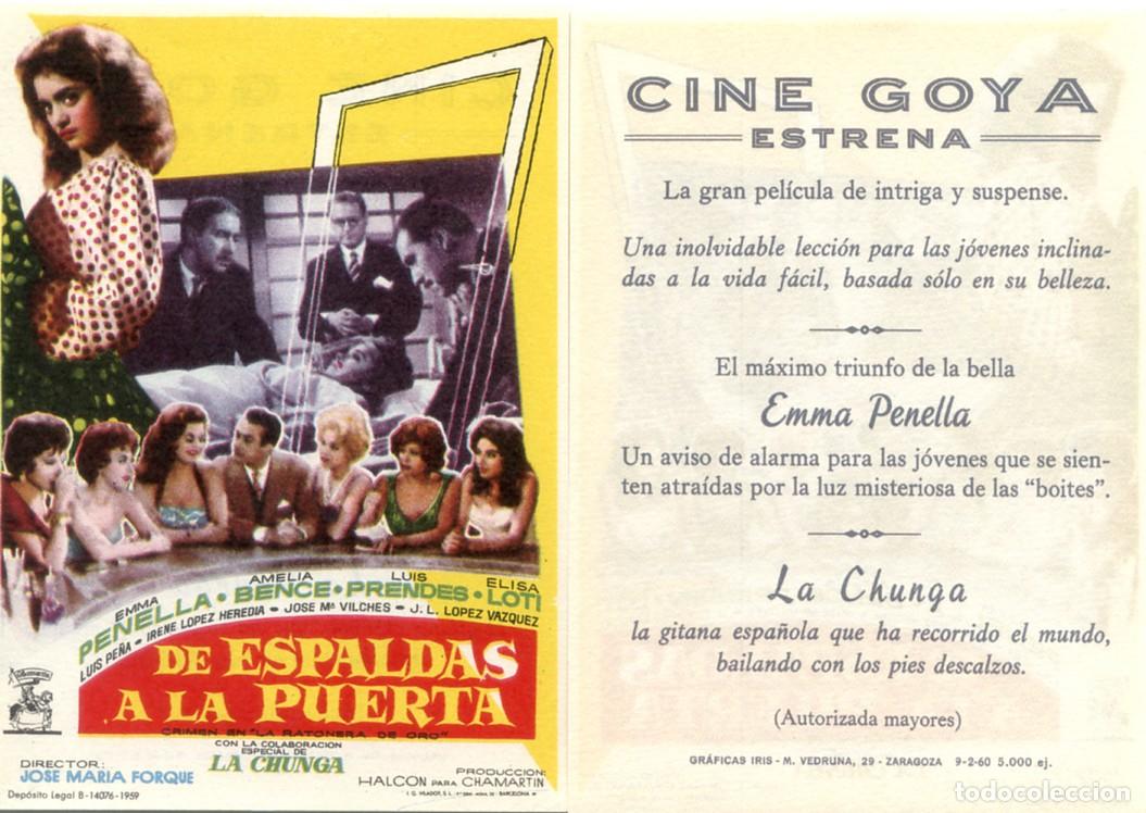 Cine: FOLLETO DE MANO ORIGINAL DE ESPALDAS A LA PUERTA CINE GOYA ZARAGOZA