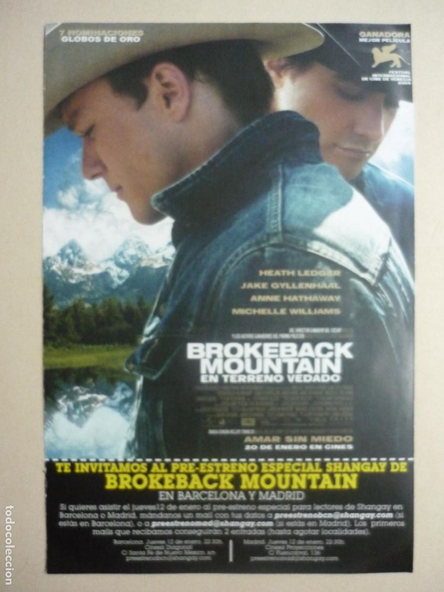 Cine: brokeback mountain - FOLLETO MANO INVITACION PREESTRENO revista shangay Heath Ledger