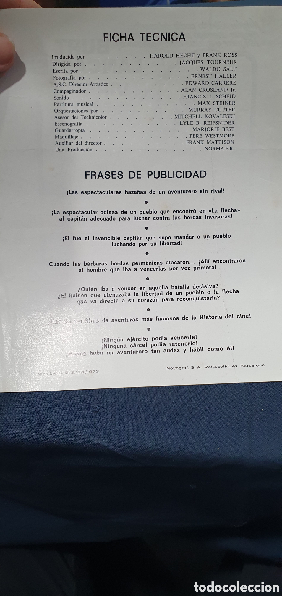 Cine: Folleto de pel&iacute;cula El Halc&oacute;n y la flecha. (L137) - Foto 2
