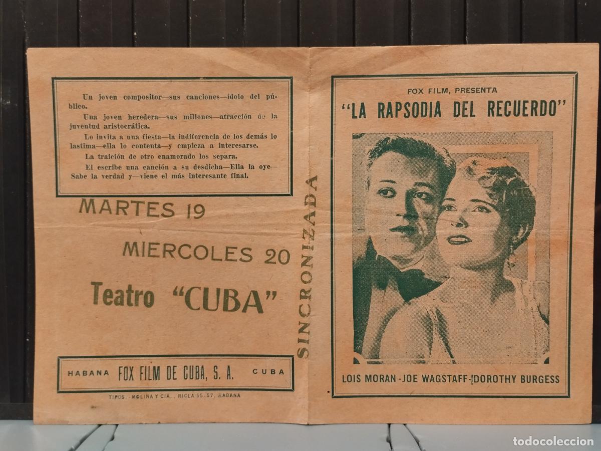 Kino: FAC PROGRAMA DE CINE CUBANO. LA RAPSODIA DEL RECUERDO. CON LOIS MORAN JOE WAGSTAFF Y DOROTHY BURGES.