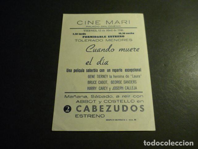 Cine: CUANDO MUERE EL DIA PROGRAMA DE MANO CON PUBLICIDAD CINE MARI LEON - Foto 2