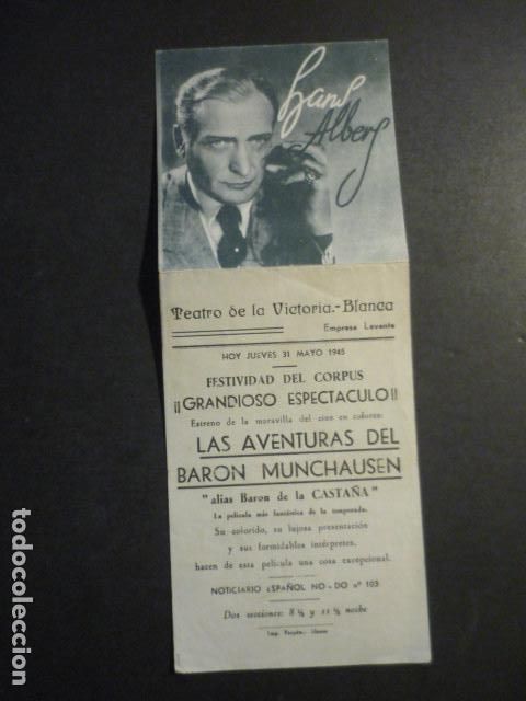 Cinema: AVENTURAS DEL BARON MUCHAUSEN PROGRAMA DE MANO DOBLE PUBLICIDAD TEATRO DE LA VICTORIA BLANCA MURCIA